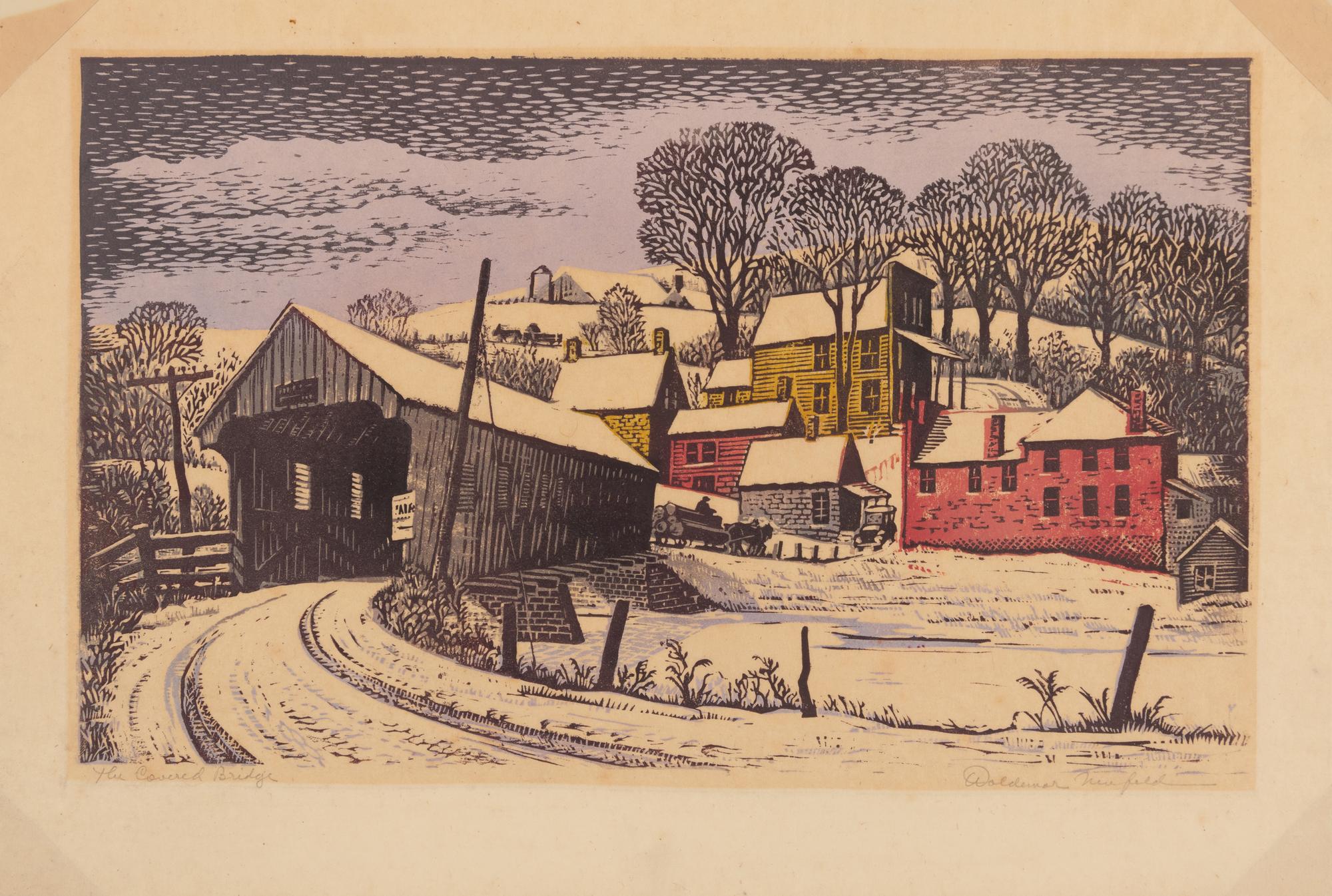 A group of three American prints (Albert Heckman, Overhead Bridge ; Victoria Huntley, Covered Bridge ; Woldemar Neufeld, The Covered Bridge )