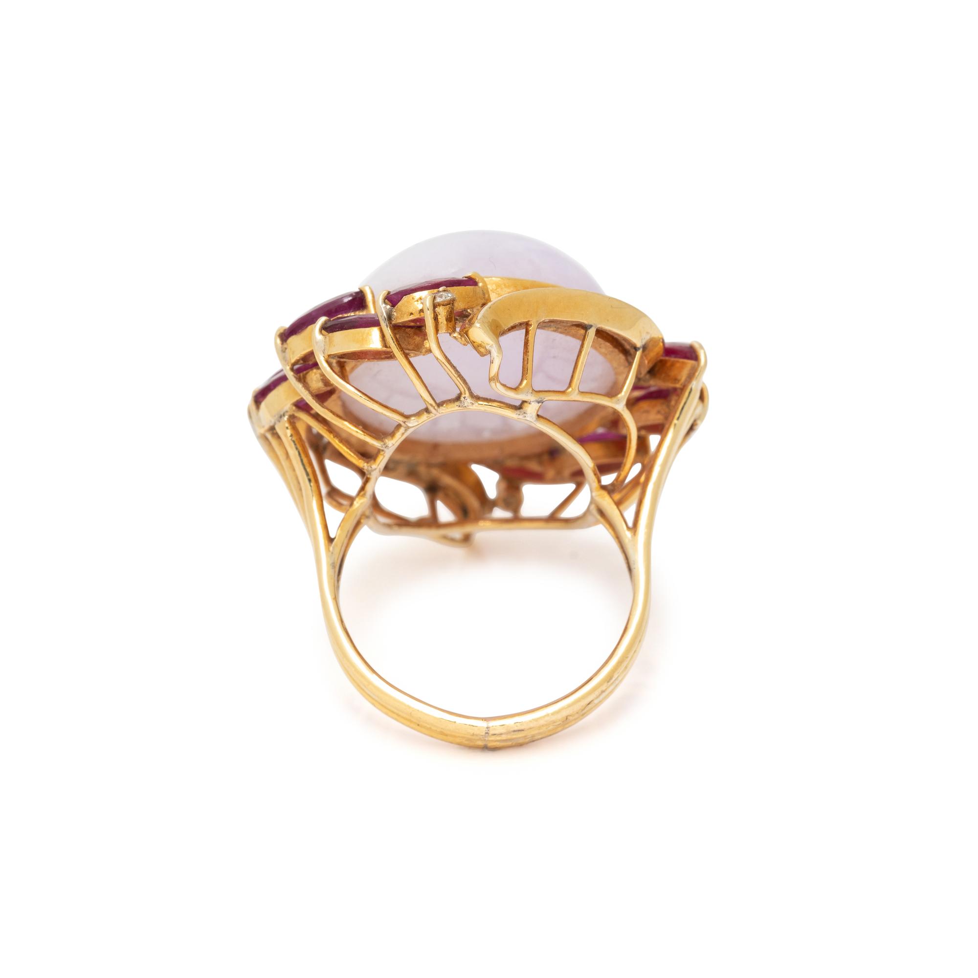LAVENDAR JADE, RUBY AND DIAMOND RING