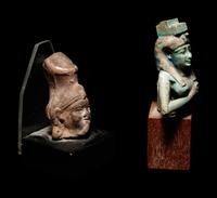 A Graeco-Egyptian Terracotta Head of Harpocrates and an Egyptian Faience Isis