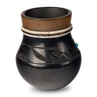 Tse-Pé Gonzales and Dora Tse-Pé (San Ildefonso, 1940-1999 / 1939-2022) — Black and Sienna Pottery Jar, with Heishi and Turquoise, 1976