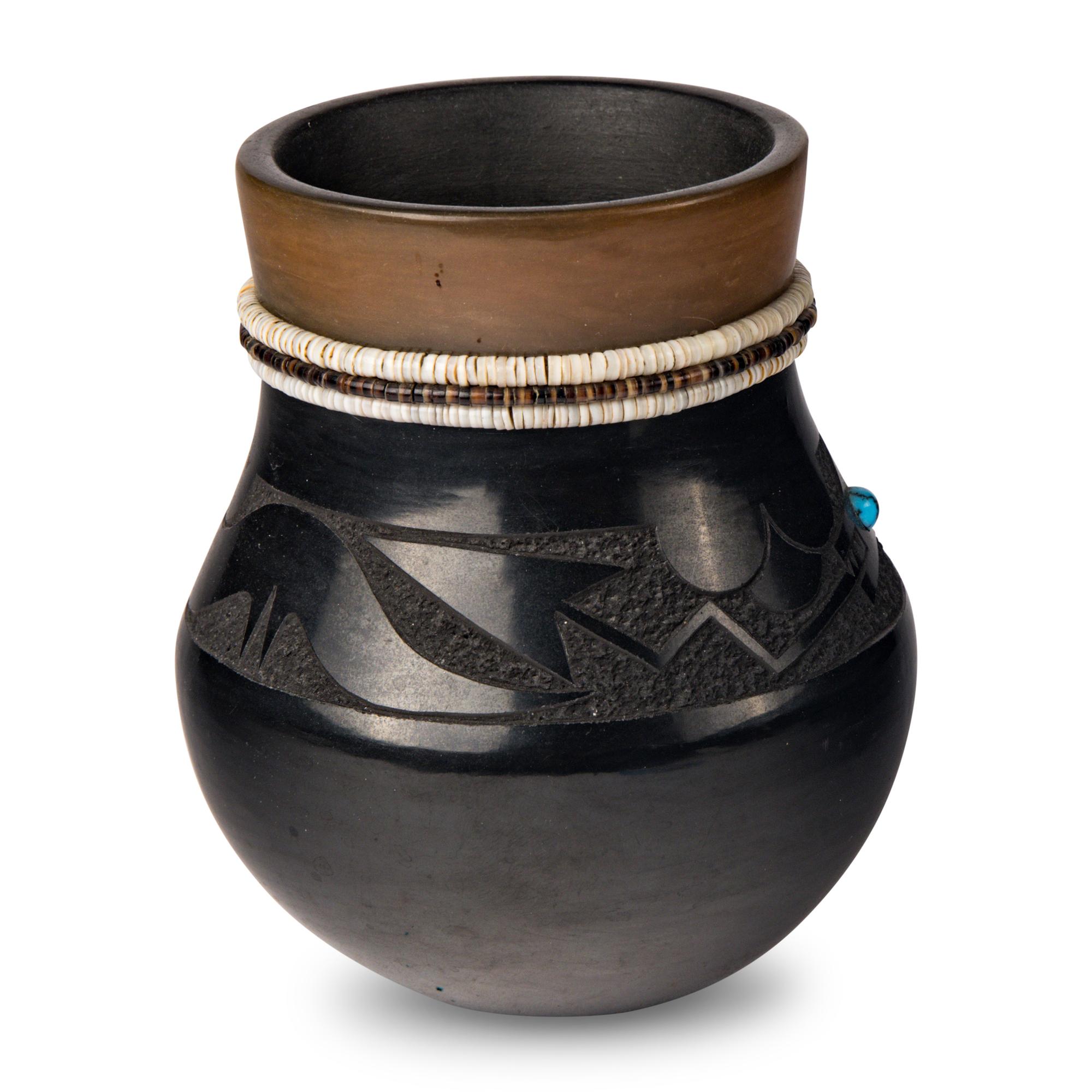 Tse-Pé Gonzales and Dora Tse-Pé (San Ildefonso, 1940-1999 / 1939-2022) — Black and Sienna Pottery Jar, with Heishi and Turquoise, 1976