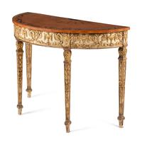 A Pair of George III Style Satinwood, Marquetry, Painted, and Parcel Gilt Demilune Console Tables