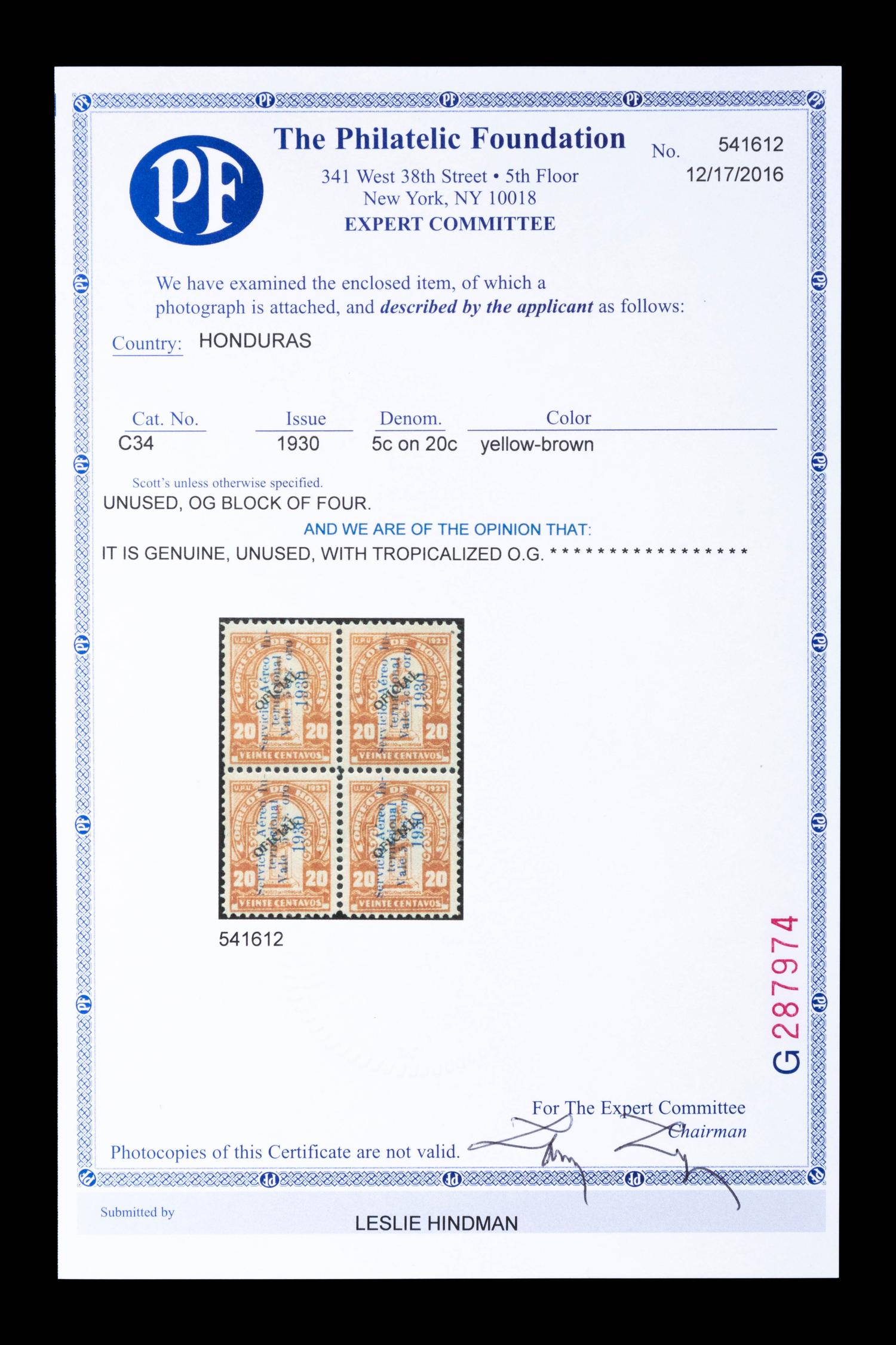 HONDURAS. Airmail. 1930. 5c on 20c. Yellow-Brown with Blue and Black Surcharges (#C34), Block of Four
