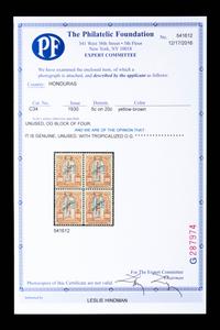 HONDURAS. Airmail. 1930. 5c on 20c. Yellow-Brown with Blue and Black Surcharges (#C34), Block of Four