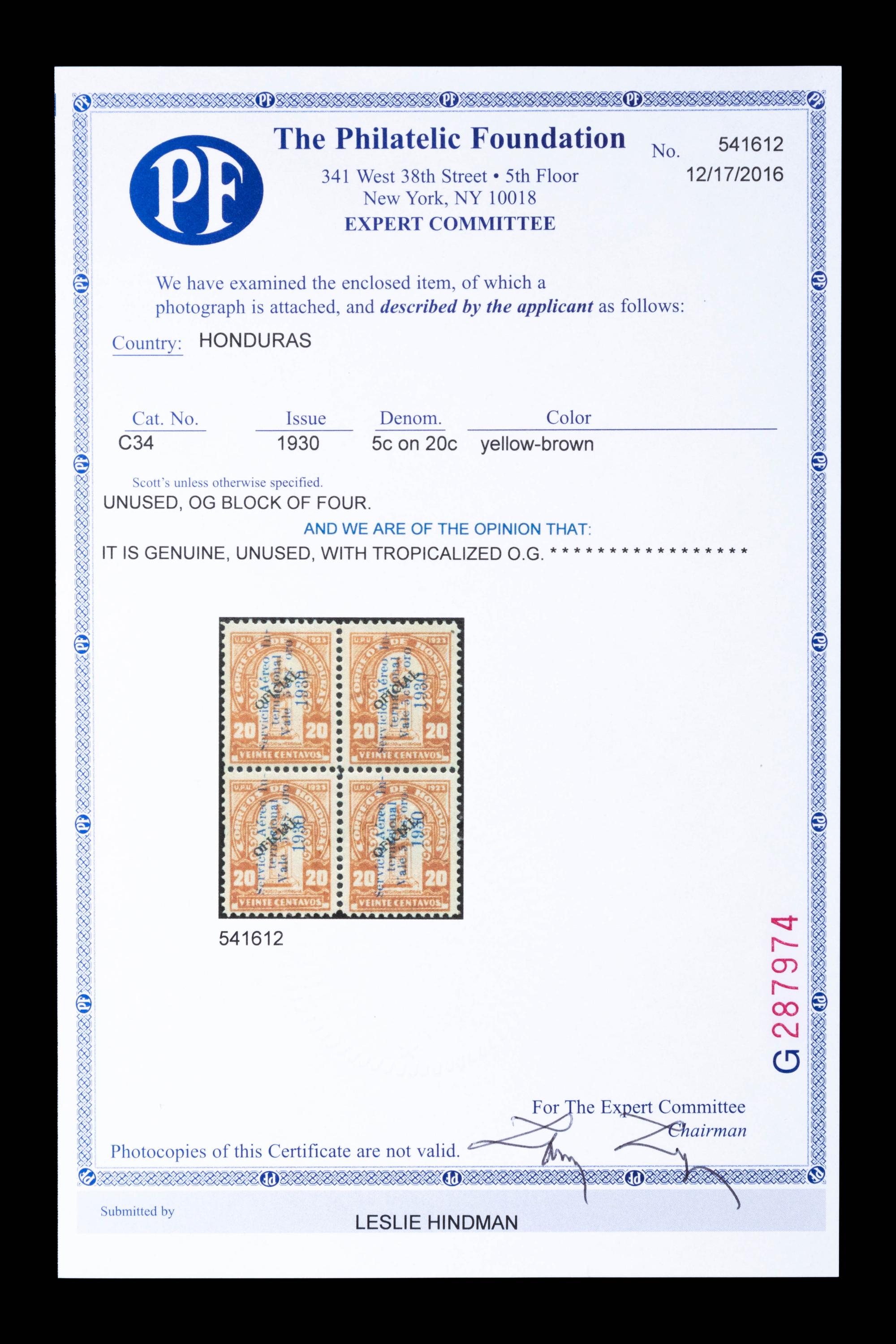 HONDURAS. Airmail. 1930. 5c on 20c. Yellow-Brown with Blue and Black Surcharges (#C34), Block of Four