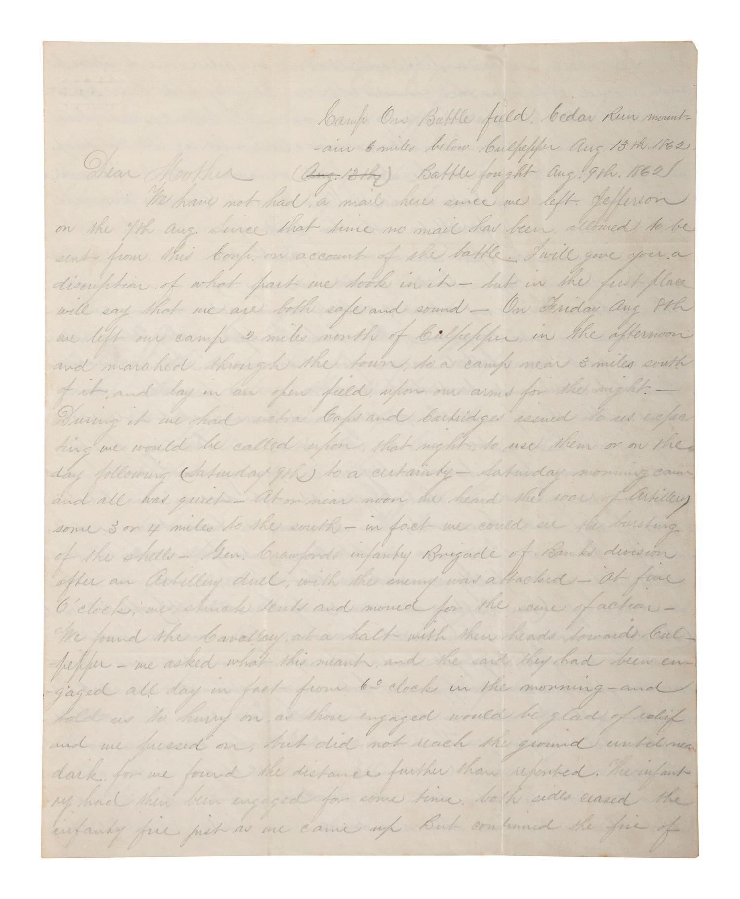 [CIVIL WAR]. Archive related to Albert Campbell Johnston and Nathaniel Dillhorn, 90th Pennsylvania Volunteers, incl. letter detailing the Battle of Cedar Mountain.