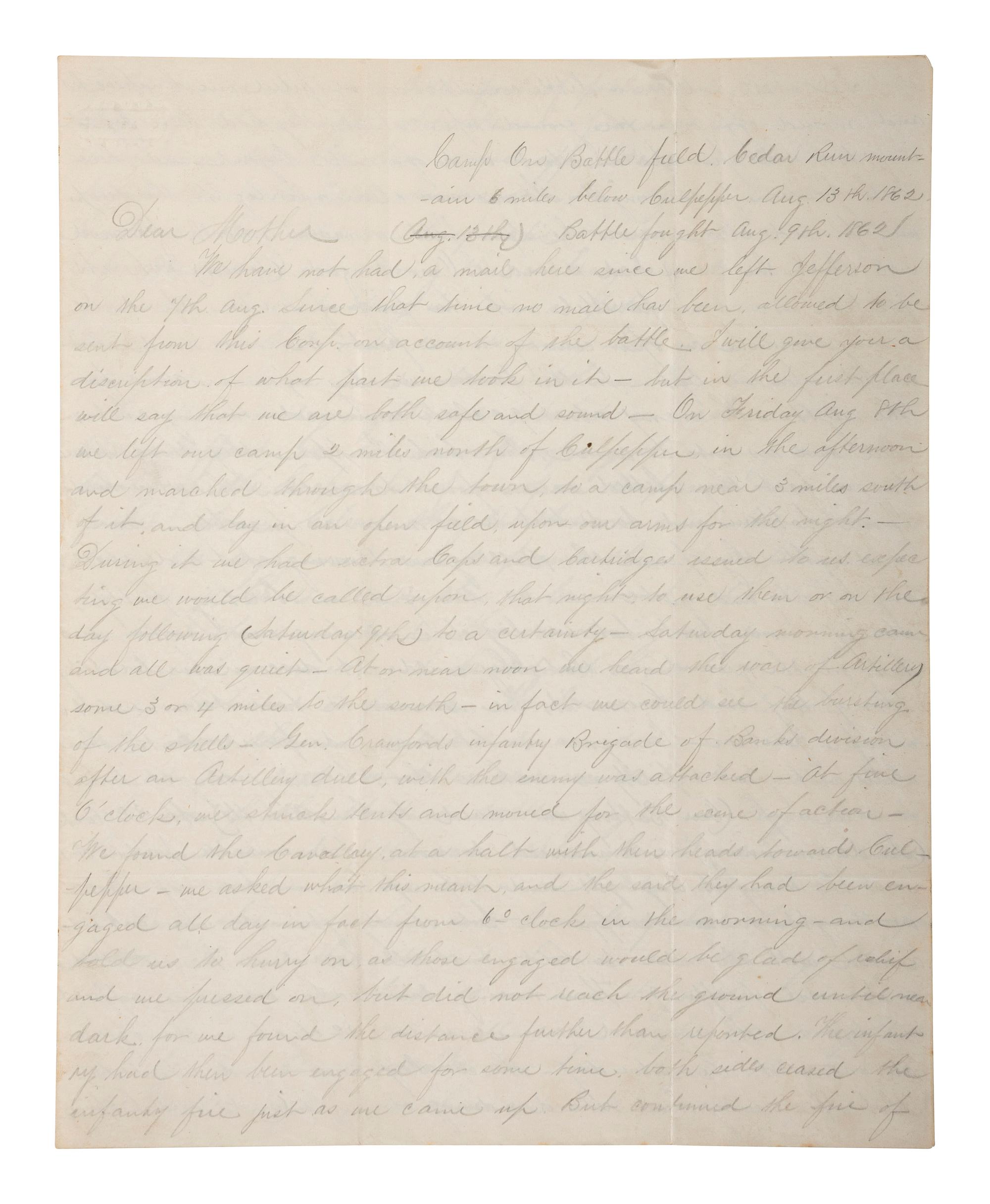 [CIVIL WAR]. Archive related to Albert Campbell Johnston and Nathaniel Dillhorn, 90th Pennsylvania Volunteers, incl. letter detailing the Battle of Cedar Mountain.