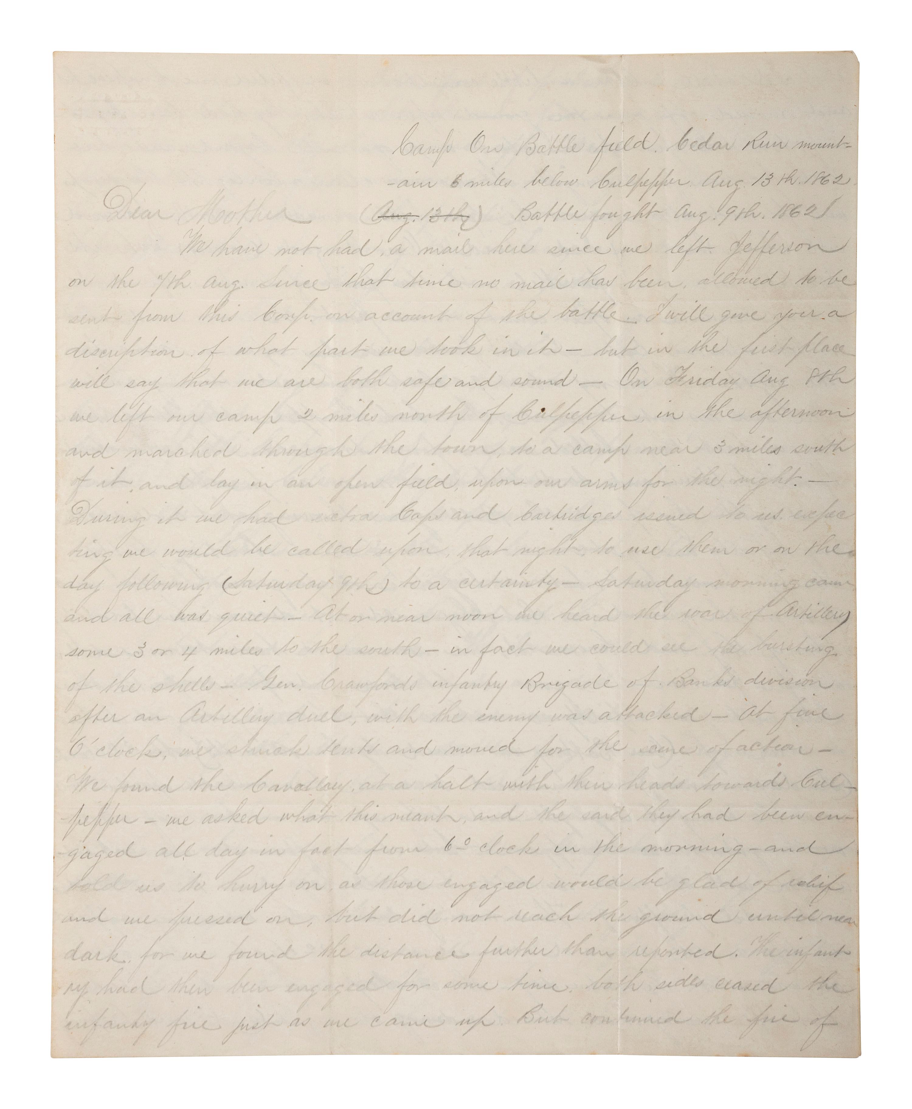 [CIVIL WAR]. Archive related to Albert Campbell Johnston and Nathaniel Dillhorn, 90th Pennsylvania Volunteers, incl. letter detailing the Battle of Cedar Mountain.