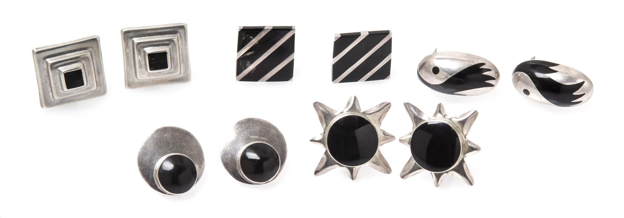 A Collection of Sterling Silver and Onyx Earclips, 66.80 dwts.