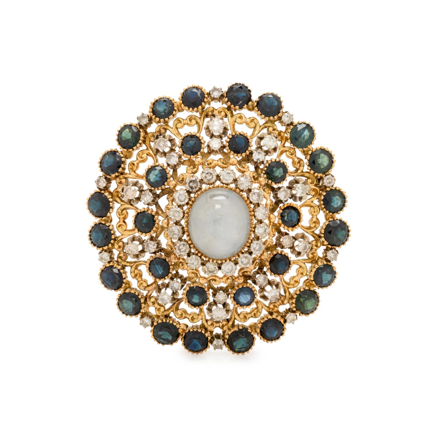 STAR SAPPHIRE, DIAMOND AND SAPPHIRE BROOCH