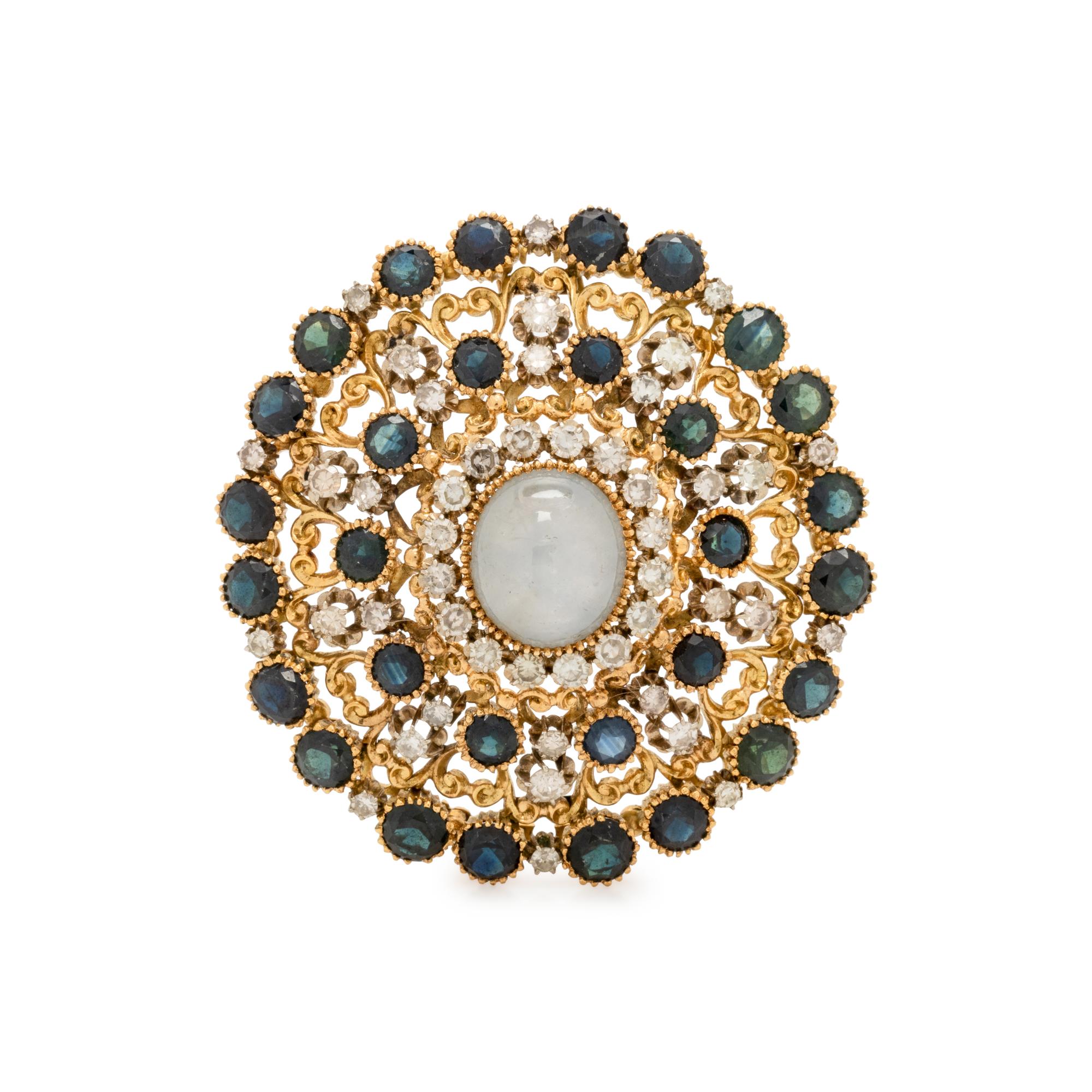 STAR SAPPHIRE, DIAMOND AND SAPPHIRE BROOCH