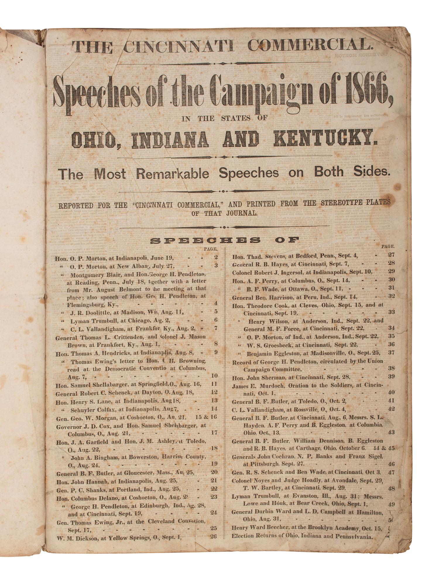 [POLITICS - RECONSTRUCTION]. The Cincinnati Commercial. Speeches of the Campaign of 1866 in the States of Ohio, Indiana, and Kentucky . Cincinnati, OH, 1866.