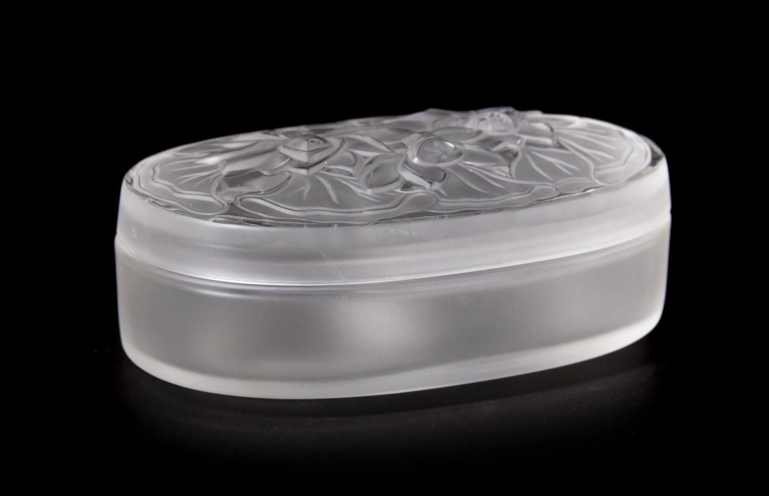A Lalique Frosted Glass Box, Width 6 1/2 inches.