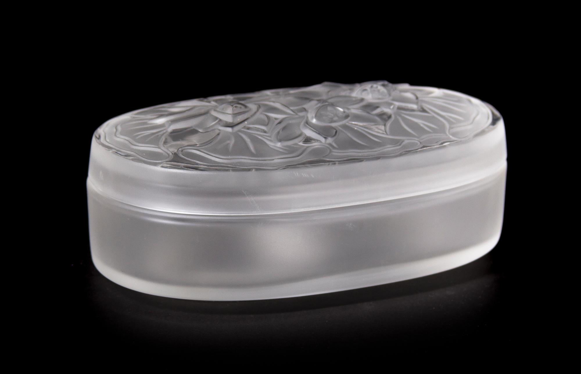 A Lalique Frosted Glass Box, Width 6 1/2 inches.