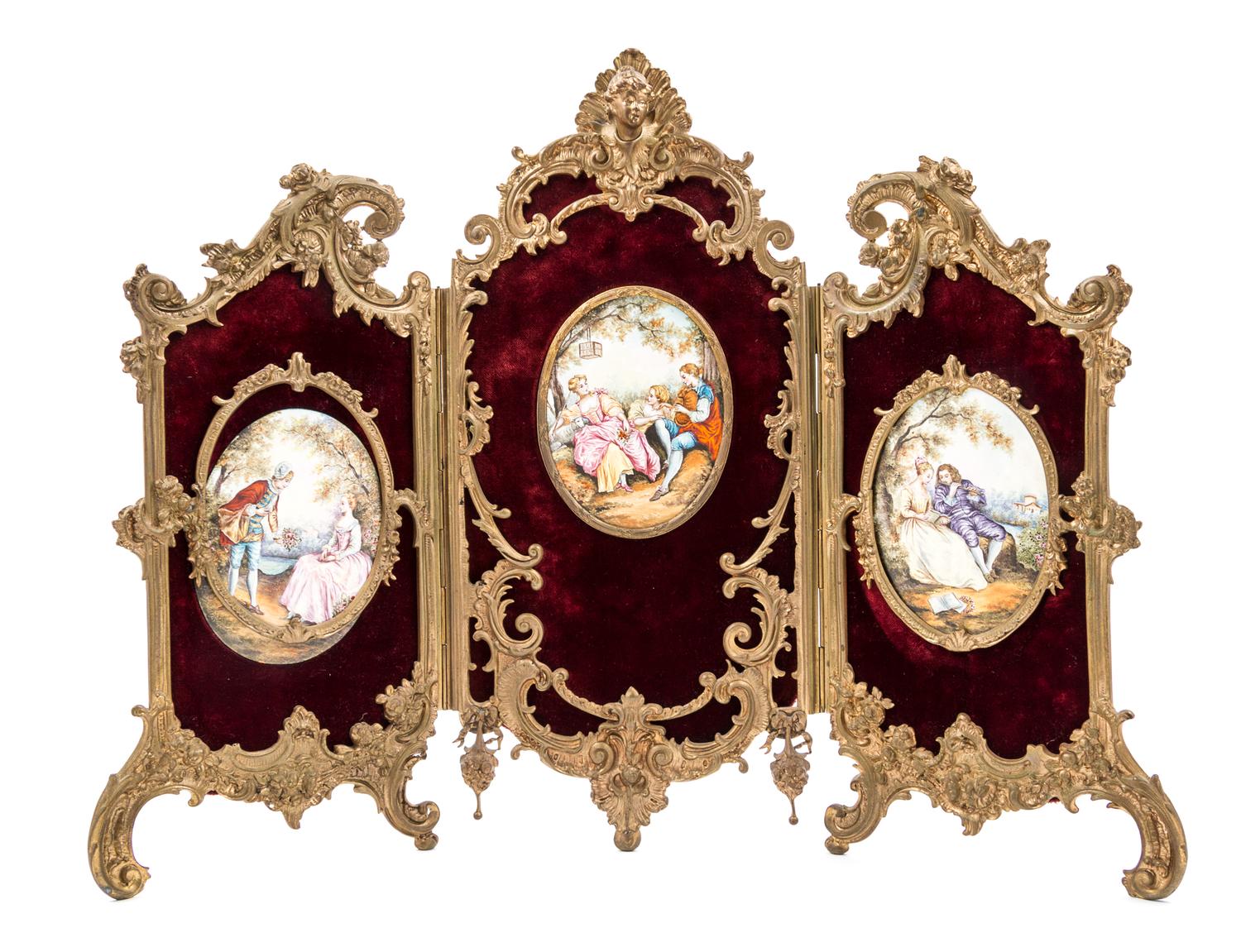 A Porcelain Inset Gilt Bronze Three-Panel Table Screen Height 17 1/2 x width overall 23 inches. — 19TH/20TH CENTURY