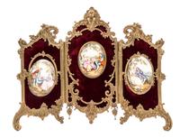 A Porcelain Inset Gilt Bronze Three-Panel Table Screen Height 17 1/2 x width overall 23 inches. — 19TH/20TH CENTURY