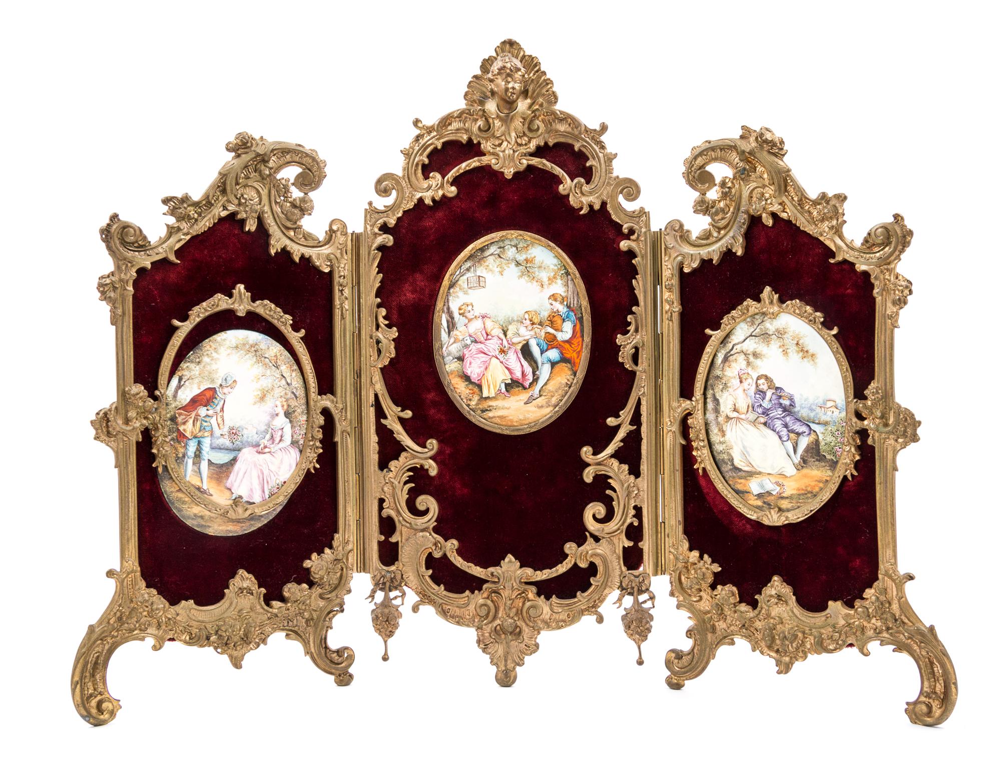 A Porcelain Inset Gilt Bronze Three-Panel Table Screen Height 17 1/2 x width overall 23 inches. — 19TH/20TH CENTURY