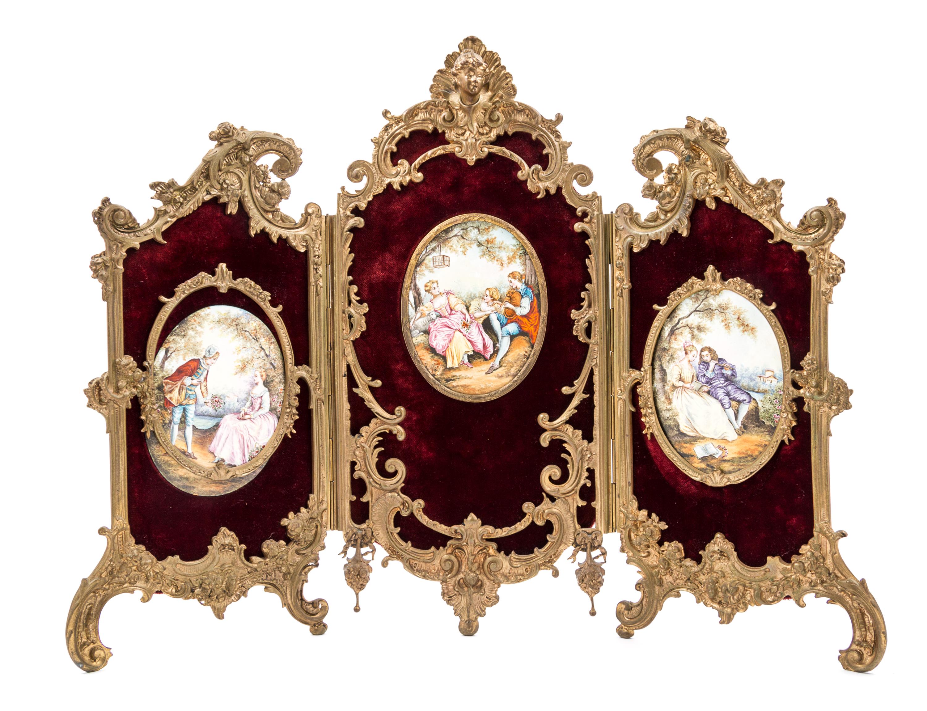 A Porcelain Inset Gilt Bronze Three-Panel Table Screen Height 17 1/2 x width overall 23 inches. — 19TH/20TH CENTURY