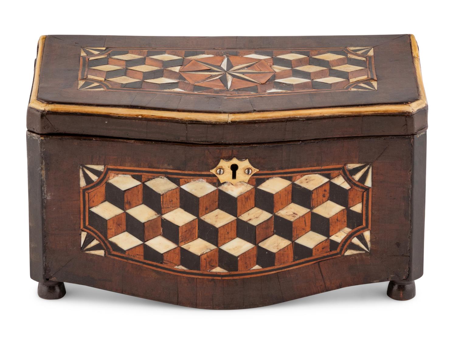An Italian Walnut and Ebony Parquetry Tea Caddy