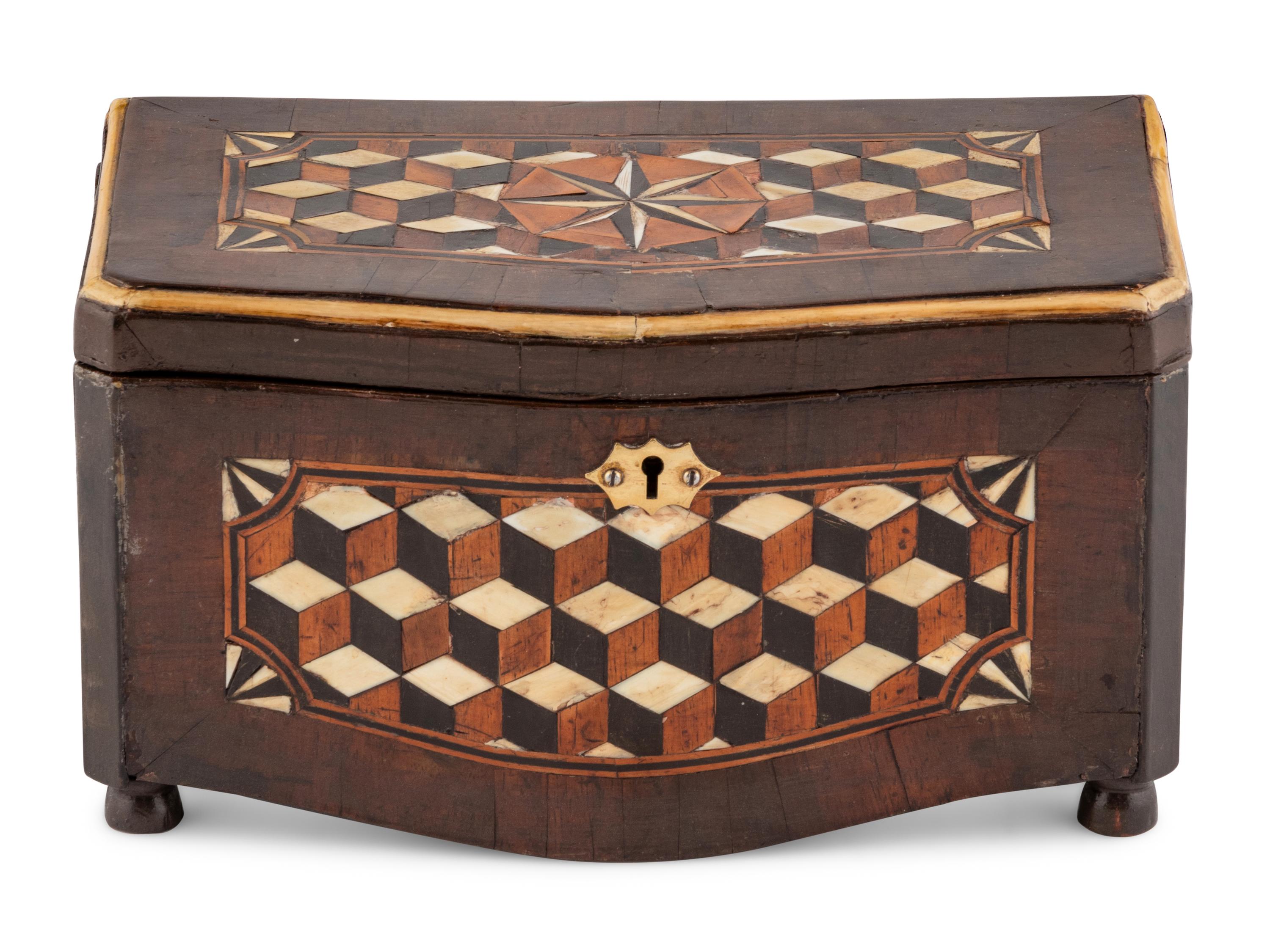 An Italian Walnut and Ebony Parquetry Tea Caddy