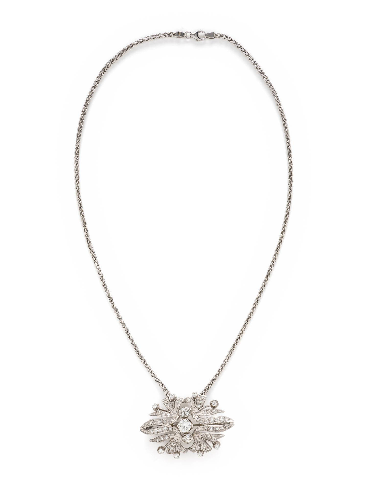 WHITE GOLD AND DIAMOND PENDANT BROOCH WITH CHAIN