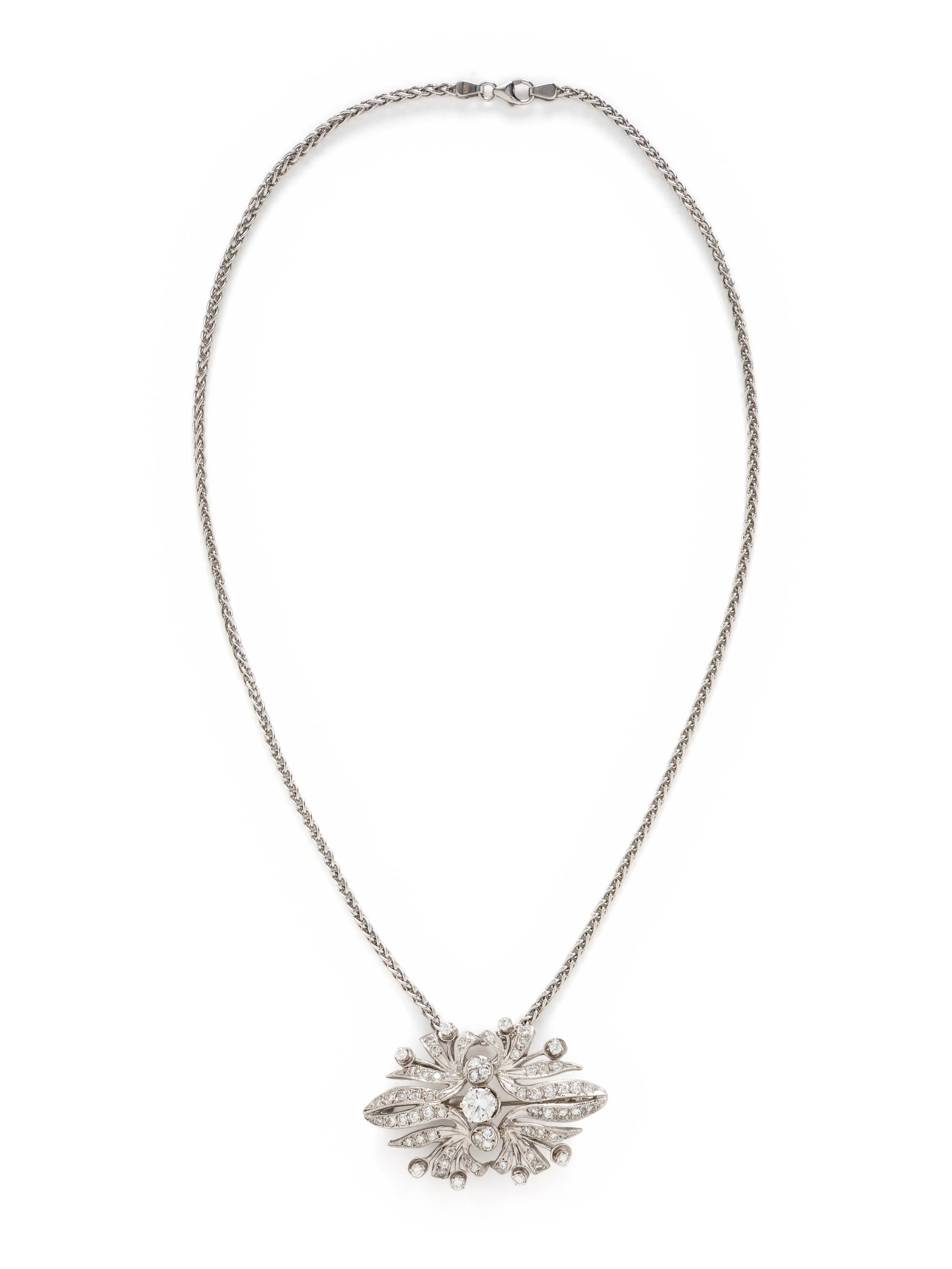 WHITE GOLD AND DIAMOND PENDANT BROOCH WITH CHAIN