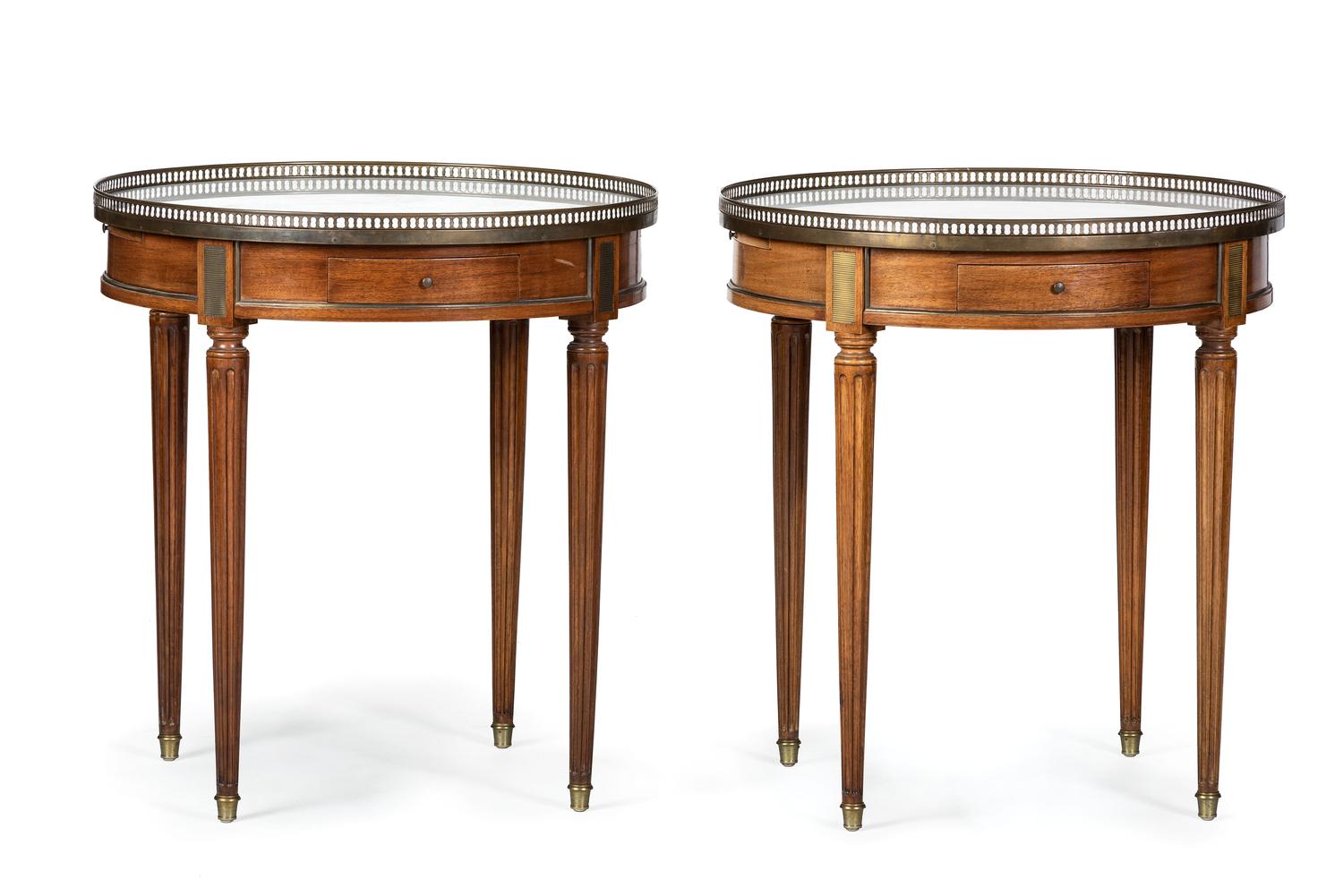 A Pair of Jacques Bodart Louis XVI Style Marble Top Bouillotte Tables