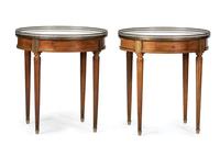 A Pair of Jacques Bodart Louis XVI Style Marble Top Bouillotte Tables