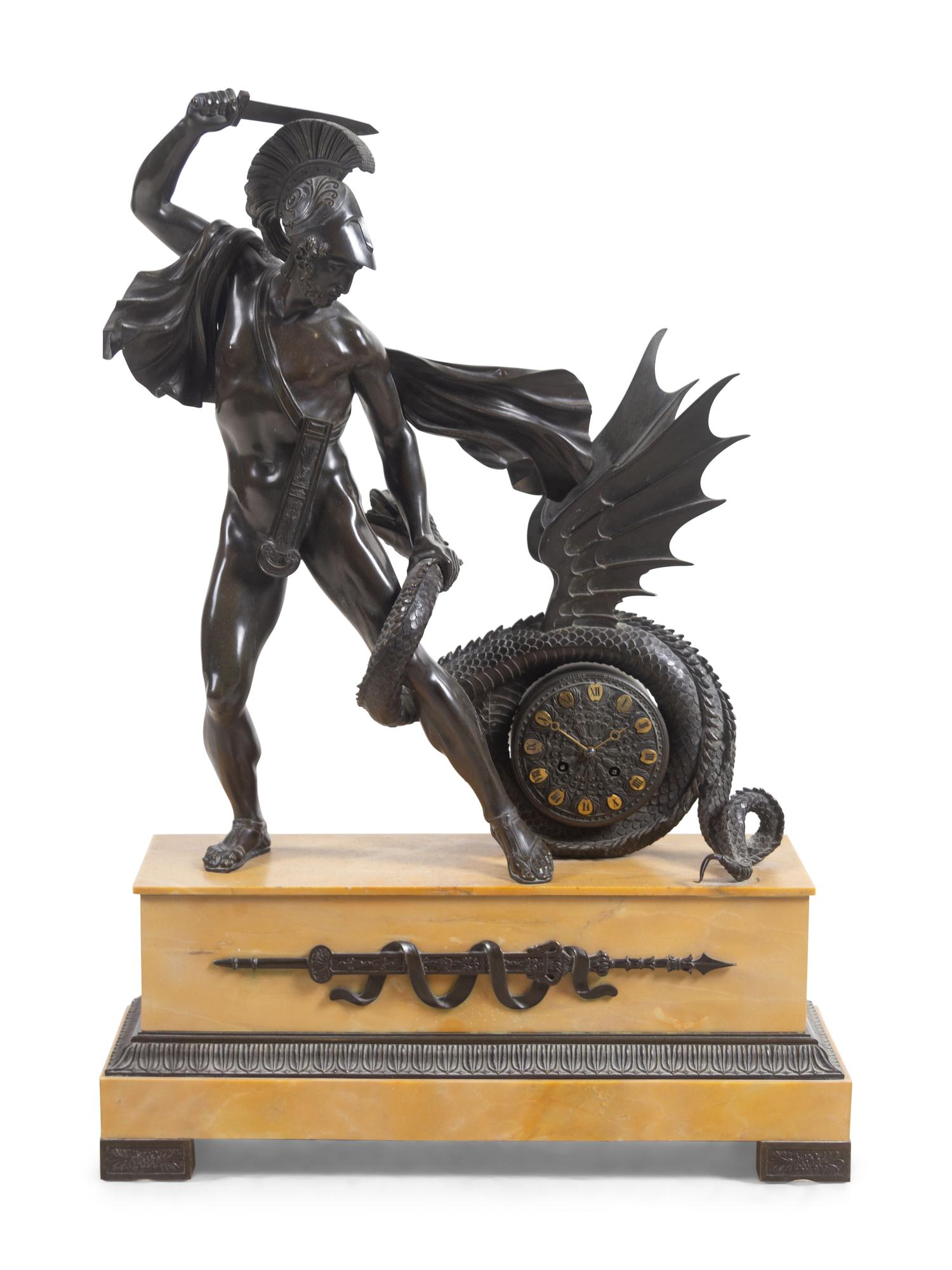 An Empire Bronze Mounted Sienna Marble Figural Mantel Clock