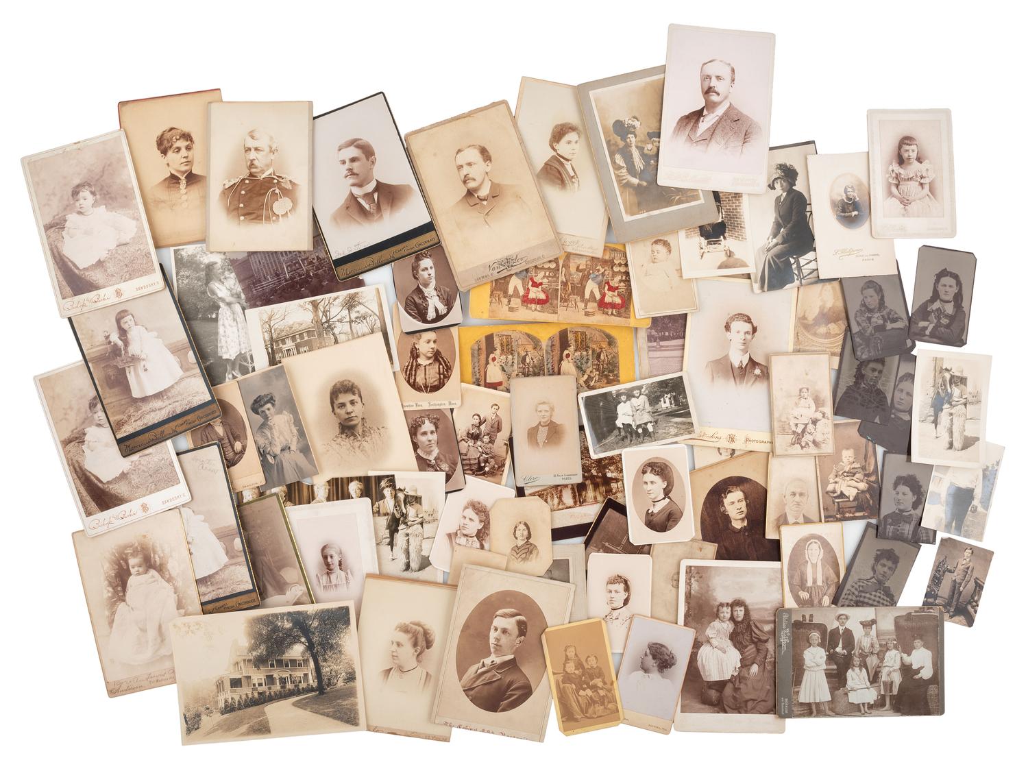 [EARLY PHOTOGRAPHY]. Large collection of mostly paper photographs incl. cabinet cards, CDVs, etc.