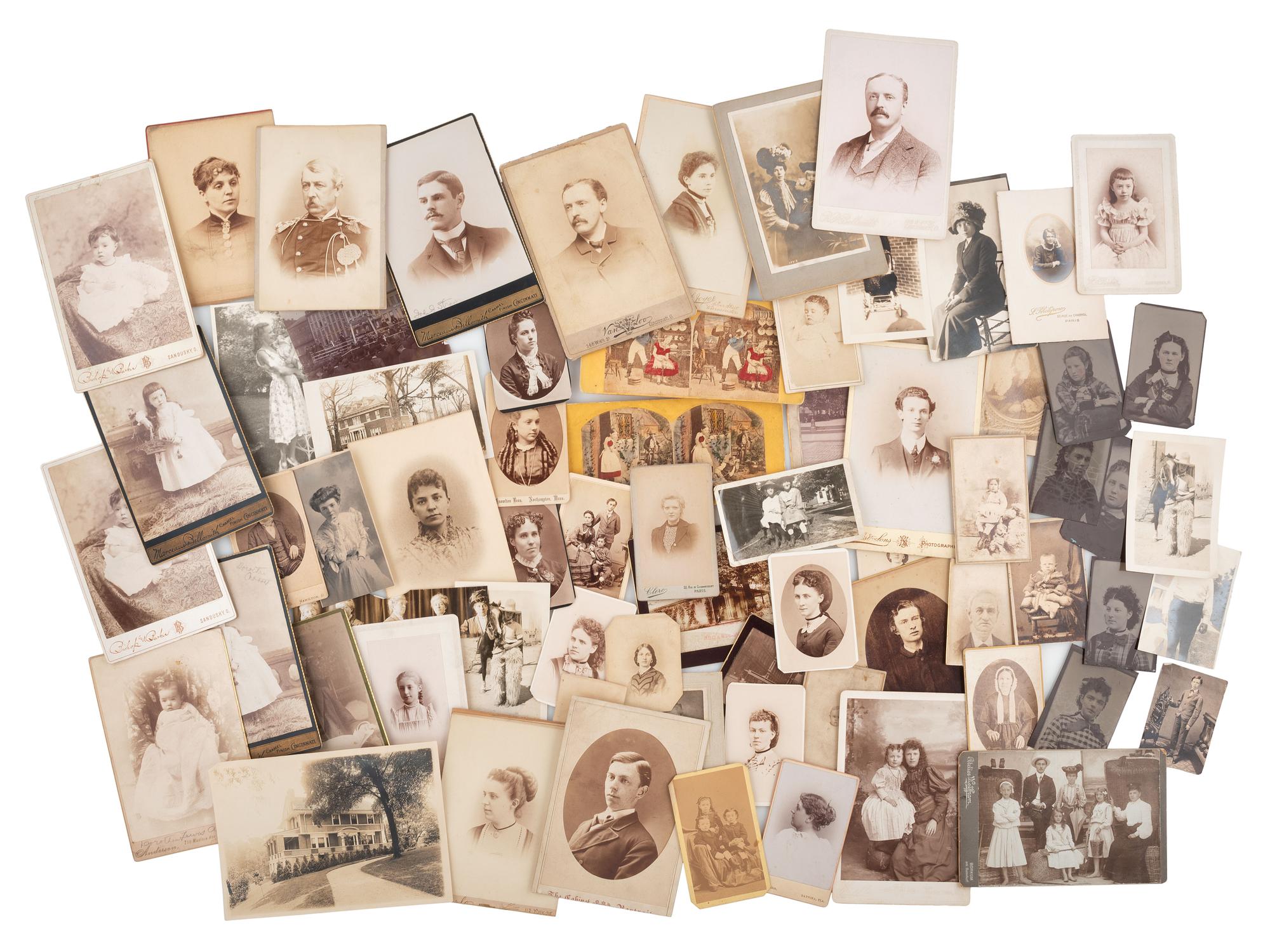 [EARLY PHOTOGRAPHY]. Large collection of mostly paper photographs incl. cabinet cards, CDVs, etc.