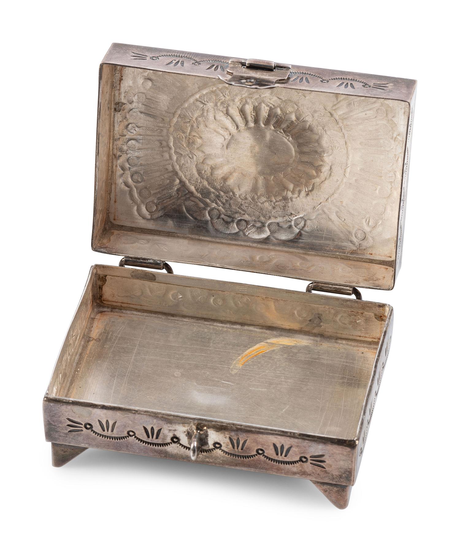 Heavily Stamped Sterling Silver Lidded Box, with Turquoise