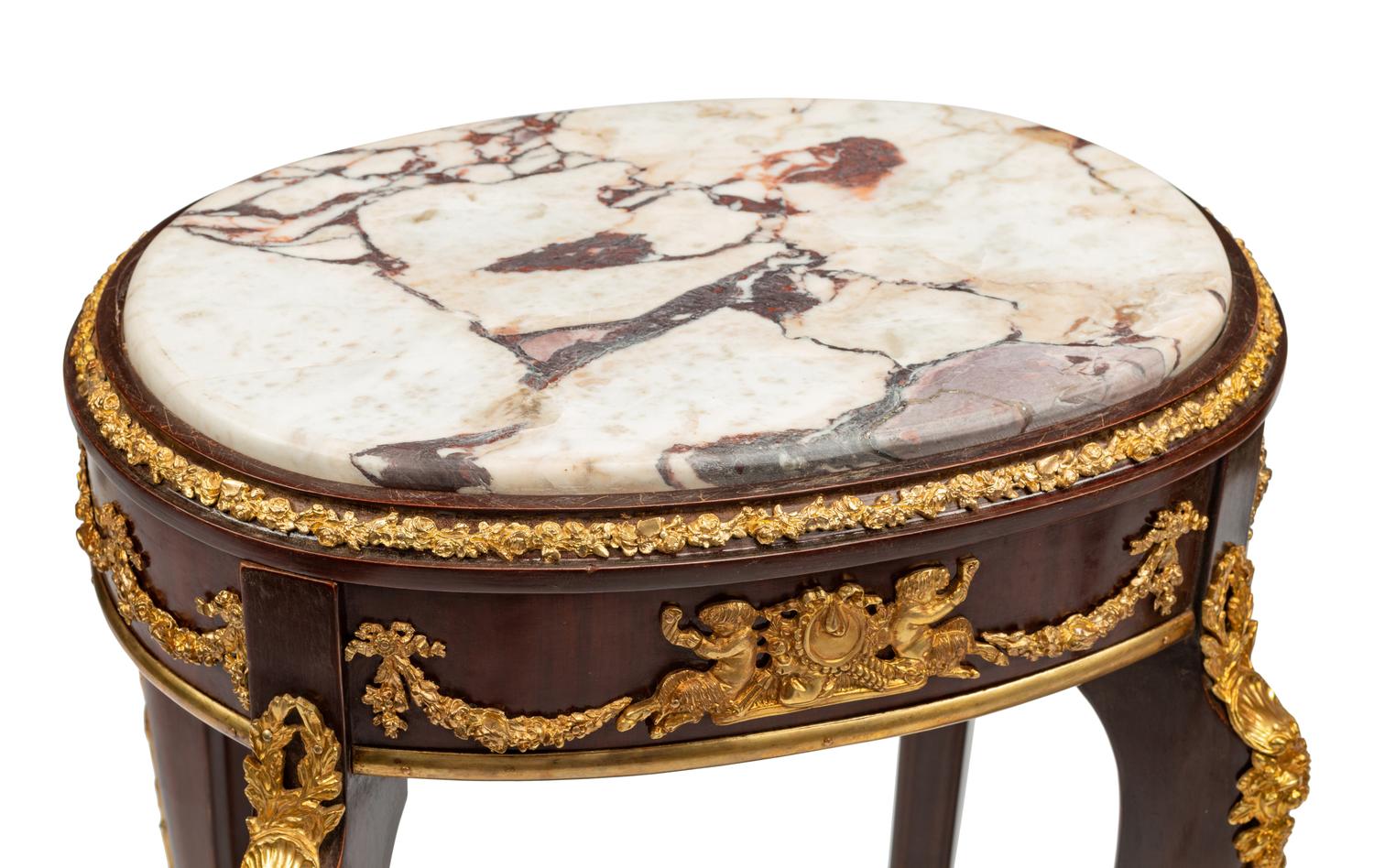 A Pair of Louis XV Style Gilt Bronze Mounted Marble-Top Side Tables