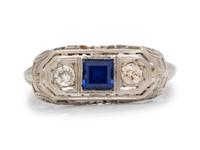 A White Gold, Diamond and Synthetic Sapphire Ring,