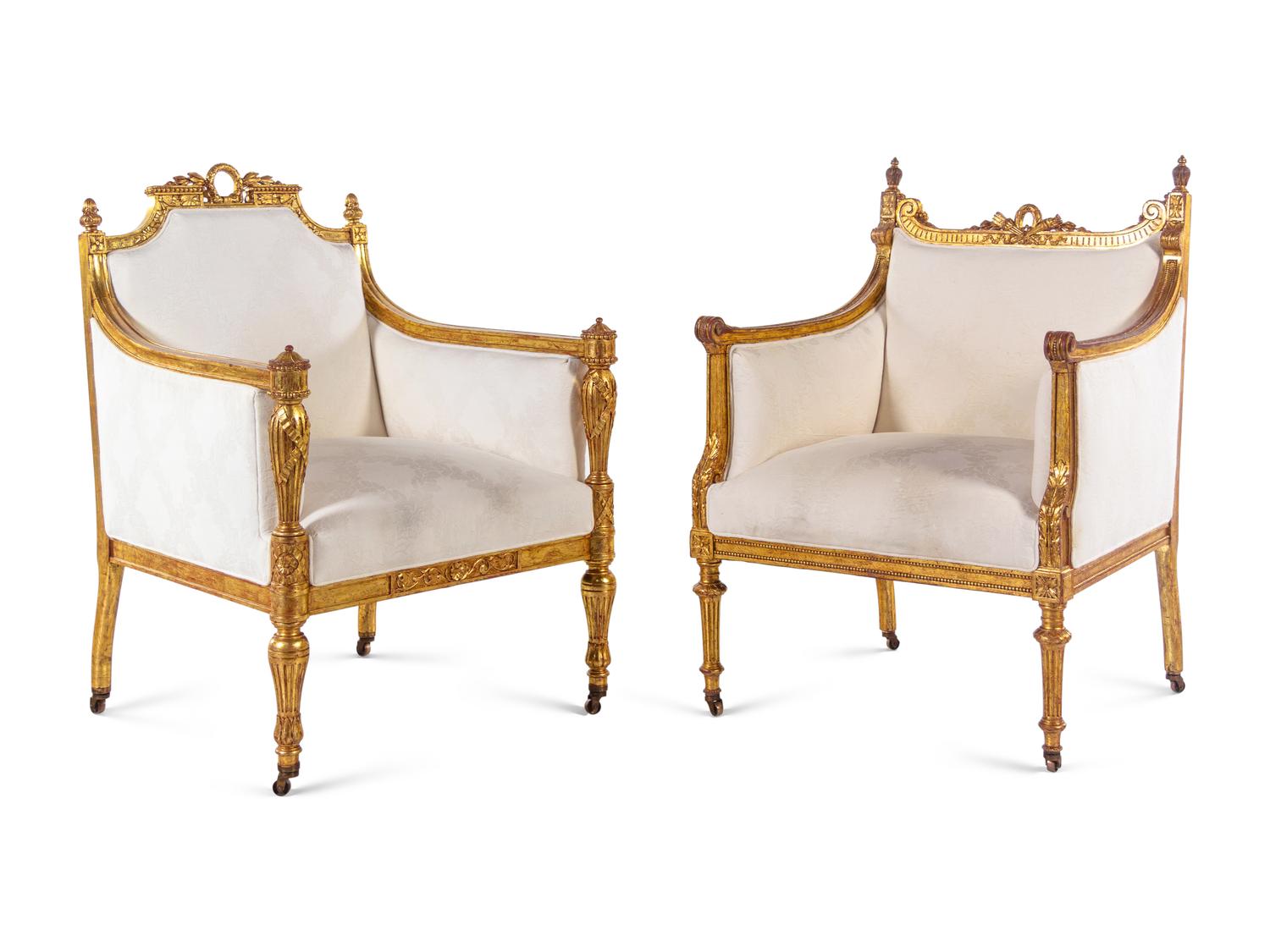 Two Louis XVI Style Carved Giltwood Bergères