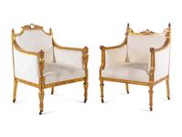 Two Louis XVI Style Carved Giltwood Bergères