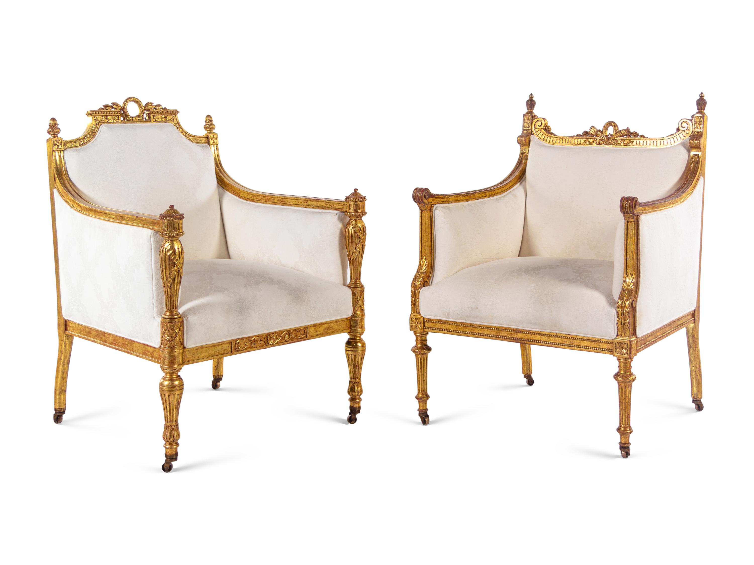 Two Louis XVI Style Carved Giltwood Bergères