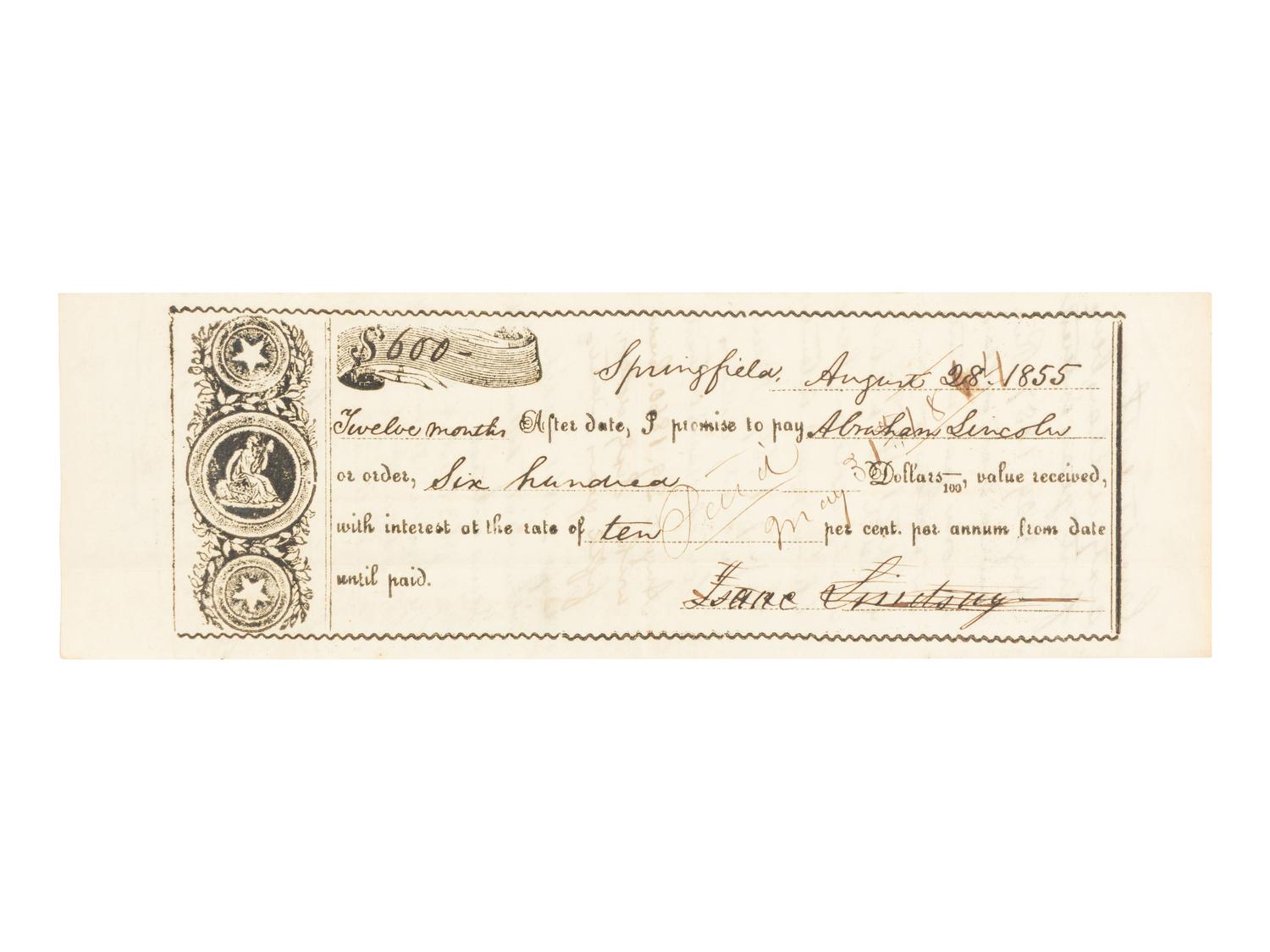 [LINCOLN, Abraham (1809-1865)]. Partially printed promissory note. Springfield, Illinois, 28 August 1855.