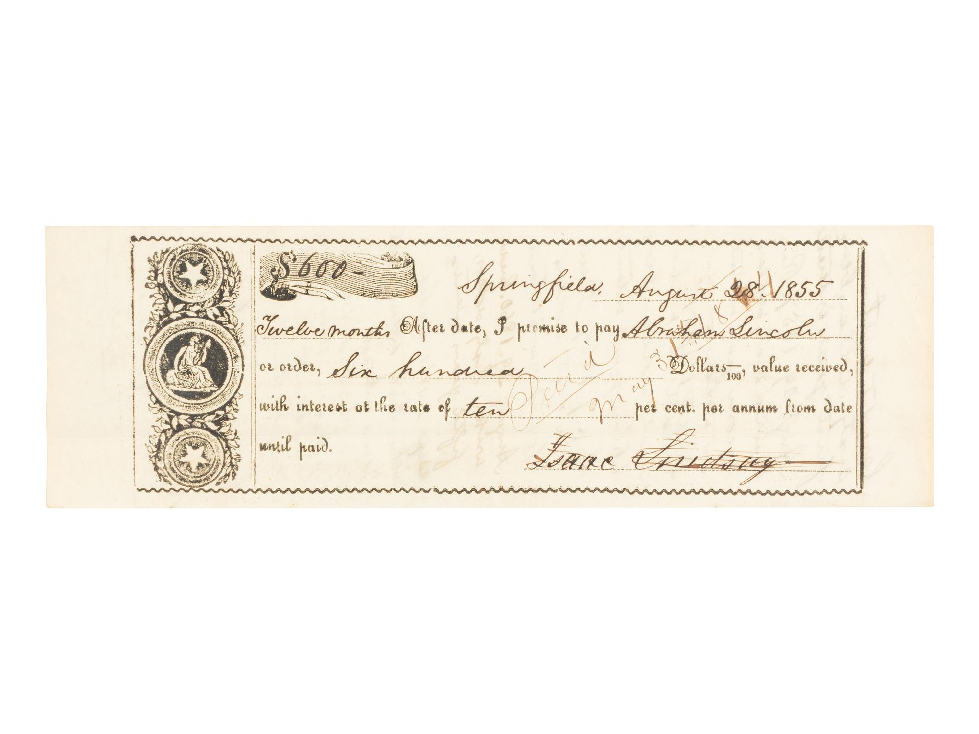 [LINCOLN, Abraham (1809-1865)]. Partially printed promissory note. Springfield, Illinois, 28 August 1855.