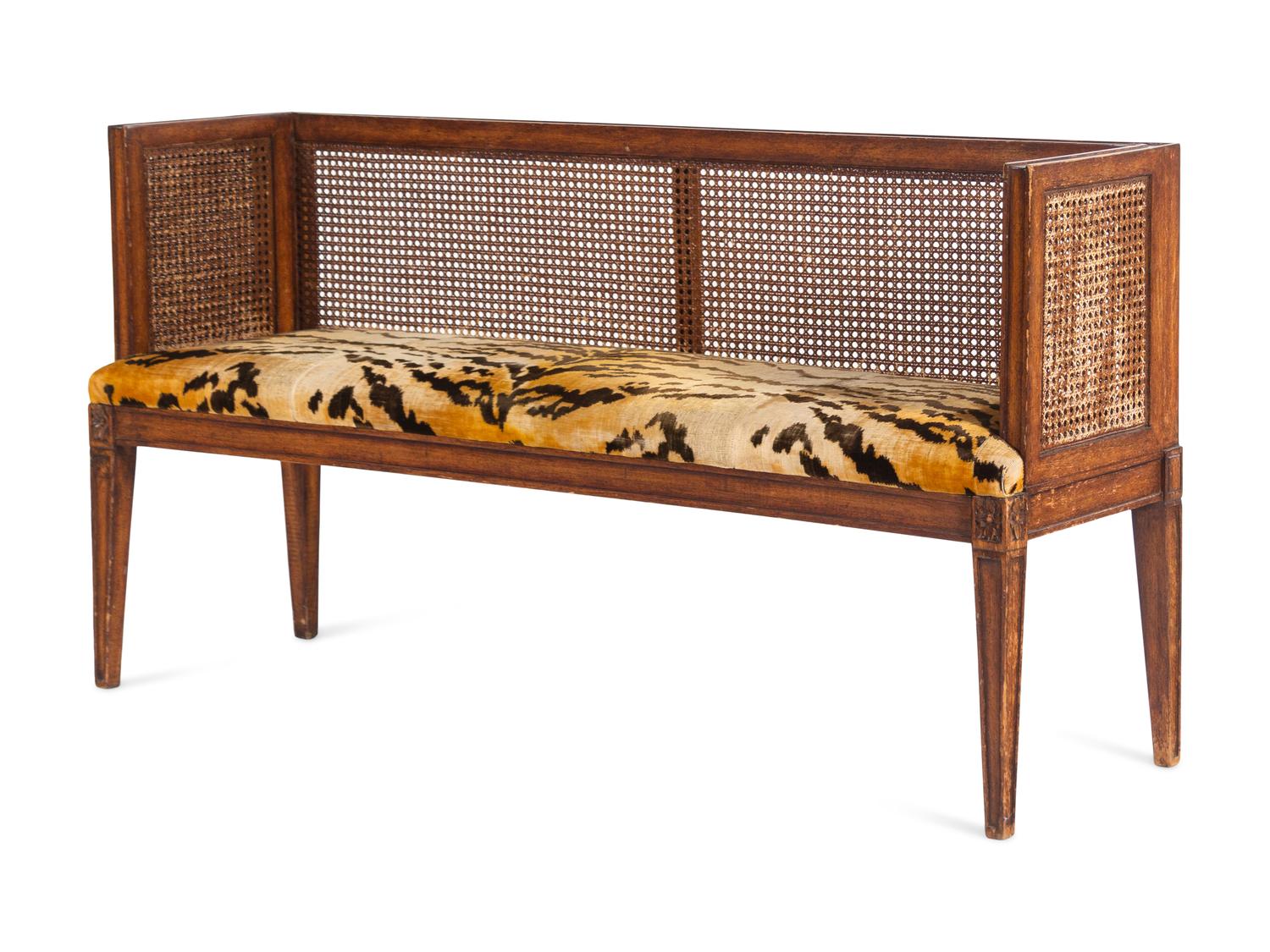 An Italian Style Walnut Bench with Tiger Velvet Upholstery