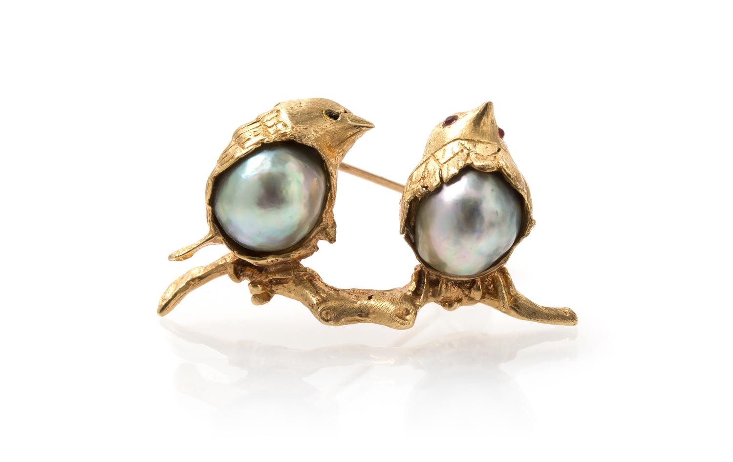 A Yellow Gold, Baroque Pearl and Ruby Brooch, 5.00 dwts.