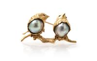 A Yellow Gold, Baroque Pearl and Ruby Brooch, 5.00 dwts.