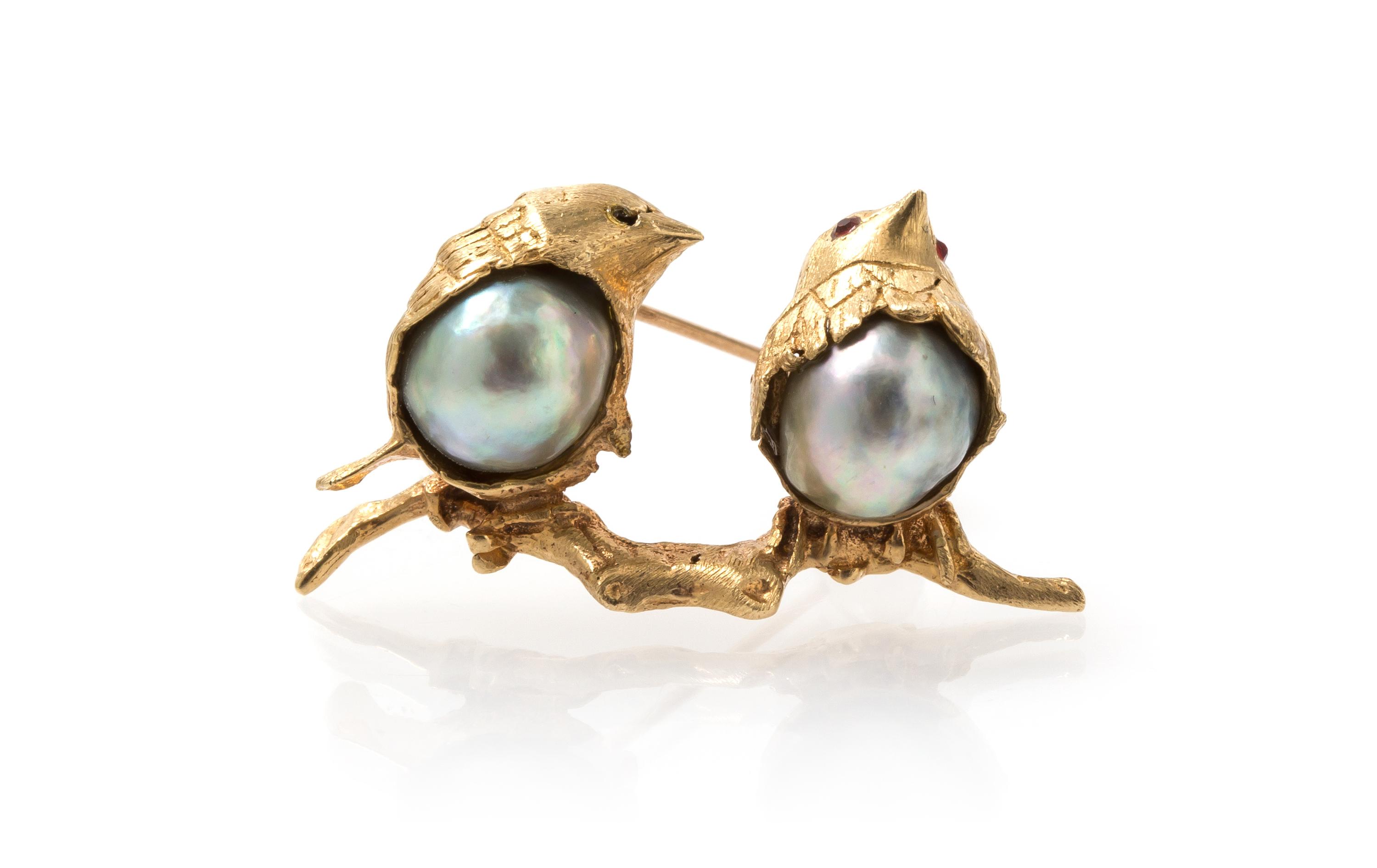 A Yellow Gold, Baroque Pearl and Ruby Brooch, 5.00 dwts.