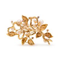YELLOW GOLD, CULTURED PEARL AND RUBY BROOCH