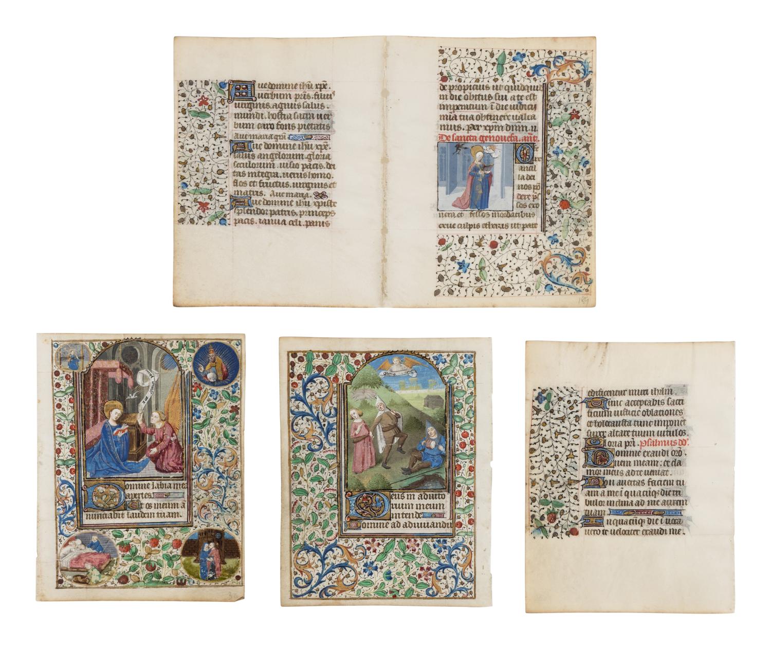 FOLLOWER OF THE MASTER OF JEAN ROLIN II (active Paris, c. 1445–1465) Five leaves (a bifolium and three leaves) from a Book of Hours, with three miniatures of Saint Genevieve, the Annunciation, and the Annunciation to the Shepherds, in Latin, illuminated manuscript on parchment [France, Paris, c. 1450–1470]