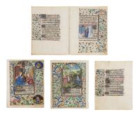 FOLLOWER OF THE MASTER OF JEAN ROLIN II (active Paris, c. 1445–1465) Five leaves (a bifolium and three leaves) from a Book of Hours, with three miniatures of Saint Genevieve, the Annunciation, and the Annunciation to the Shepherds, in Latin, illuminated manuscript on parchment [France, Paris, c. 1450–1470]