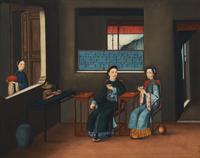 Chinese School, Circa 1820, a Pair of Portraits of a Mandarin at Home 約1820年作 外銷油畫起居圖兩幅