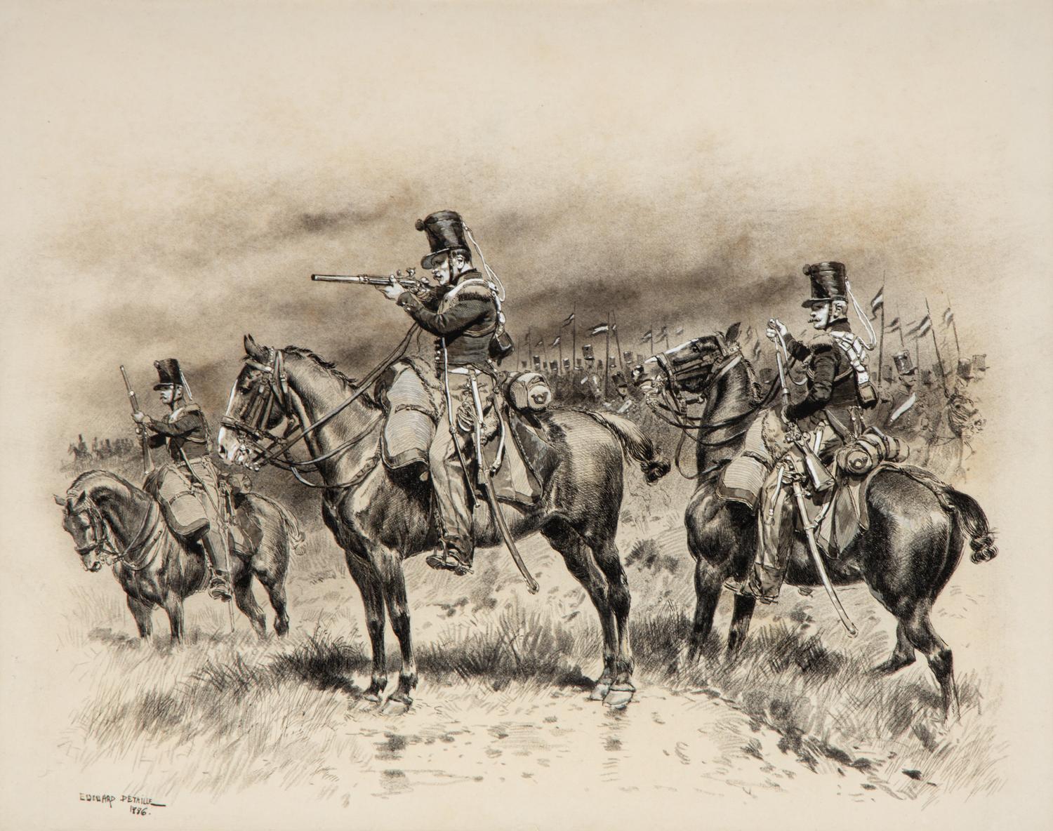 Edouard Jean Baptiste Detaille (French, 1848-1912) — Three Chasseurs with a Column of Lancers Passing Behind , 1886