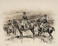 Edouard Jean Baptiste Detaille (French, 1848-1912) — Three Chasseurs with a Column of Lancers Passing Behind , 1886