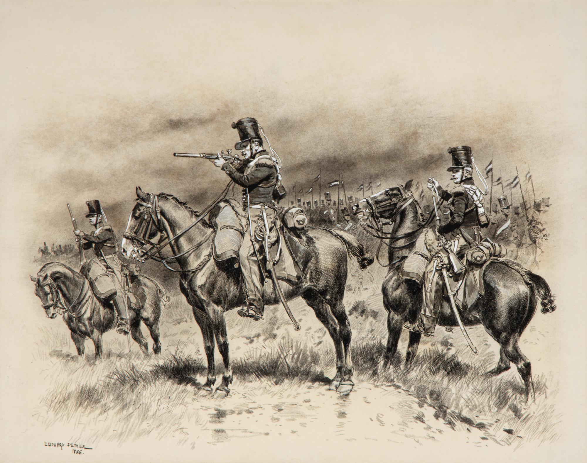 Edouard Jean Baptiste Detaille (French, 1848-1912) — Three Chasseurs with a Column of Lancers Passing Behind , 1886